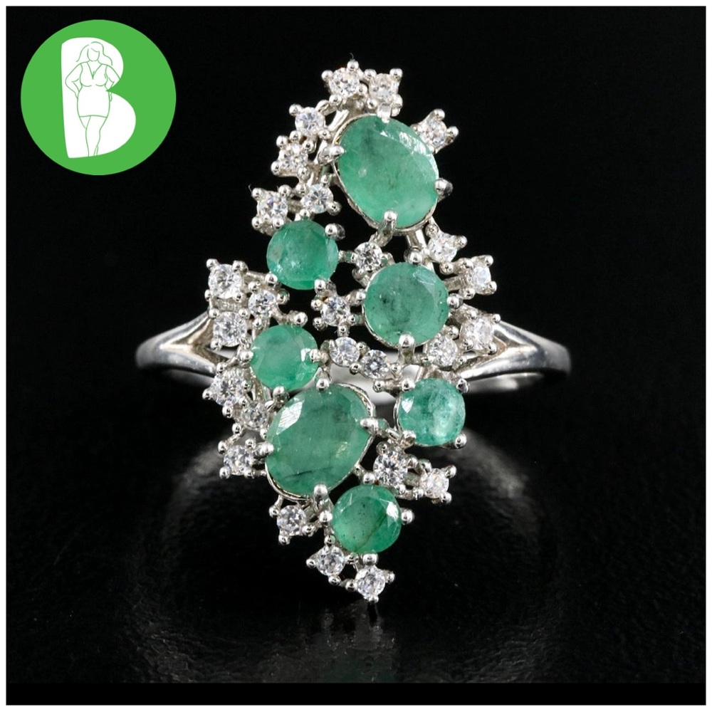 STERLING SILVER 925 GENUINE EMERALD AND CUBIC ZIRCONIA COCKTAIL RING (7) - Picture 3 of 16